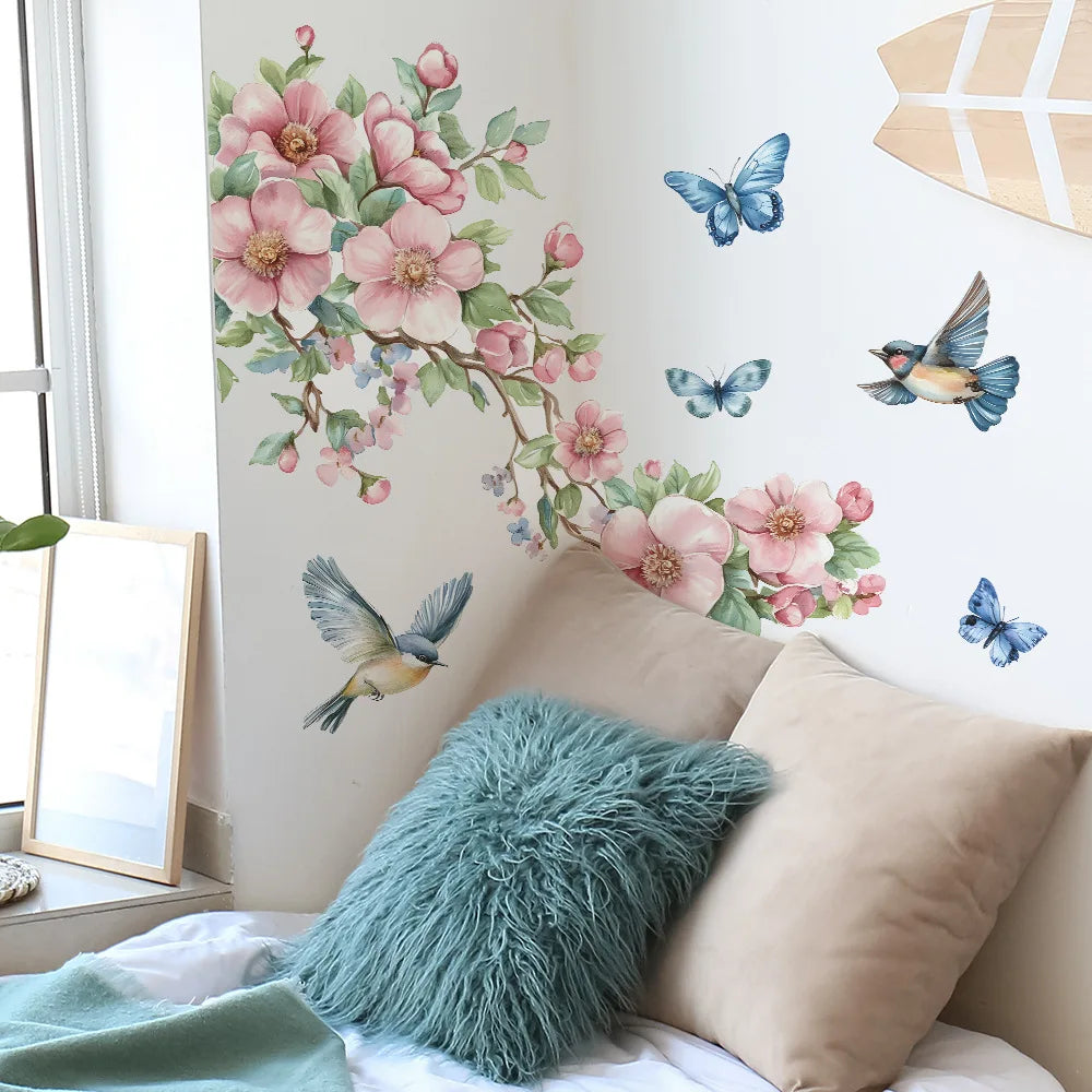 🌿🐦 Watercolor Peach Blossom Wall Sticker – Birds & Branches 30×90cm