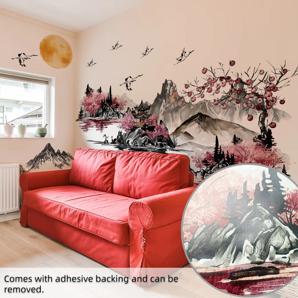 🌄 Chinese Ink Landscape Wall Stickers – 3-Piece Set