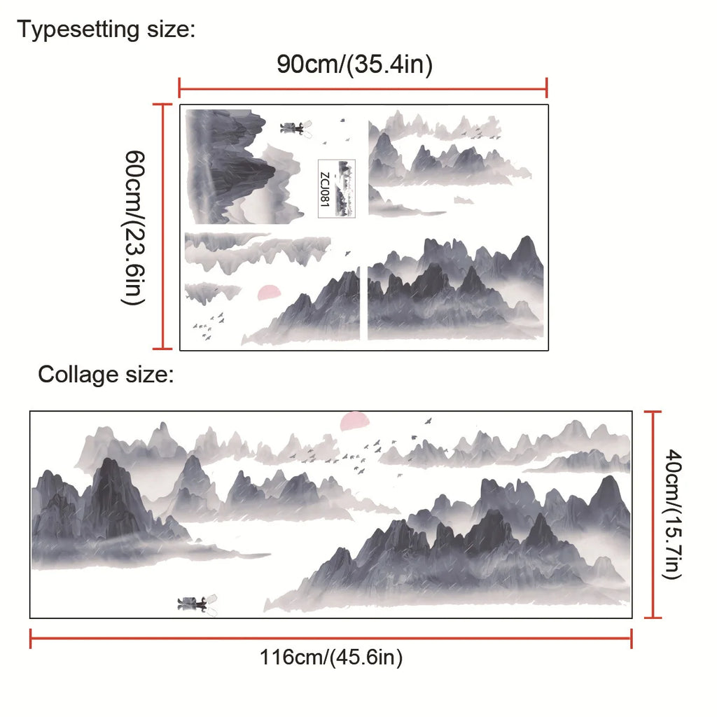 🌄 Chinese Ink Landscape Wall Stickers – 3-Piece Set