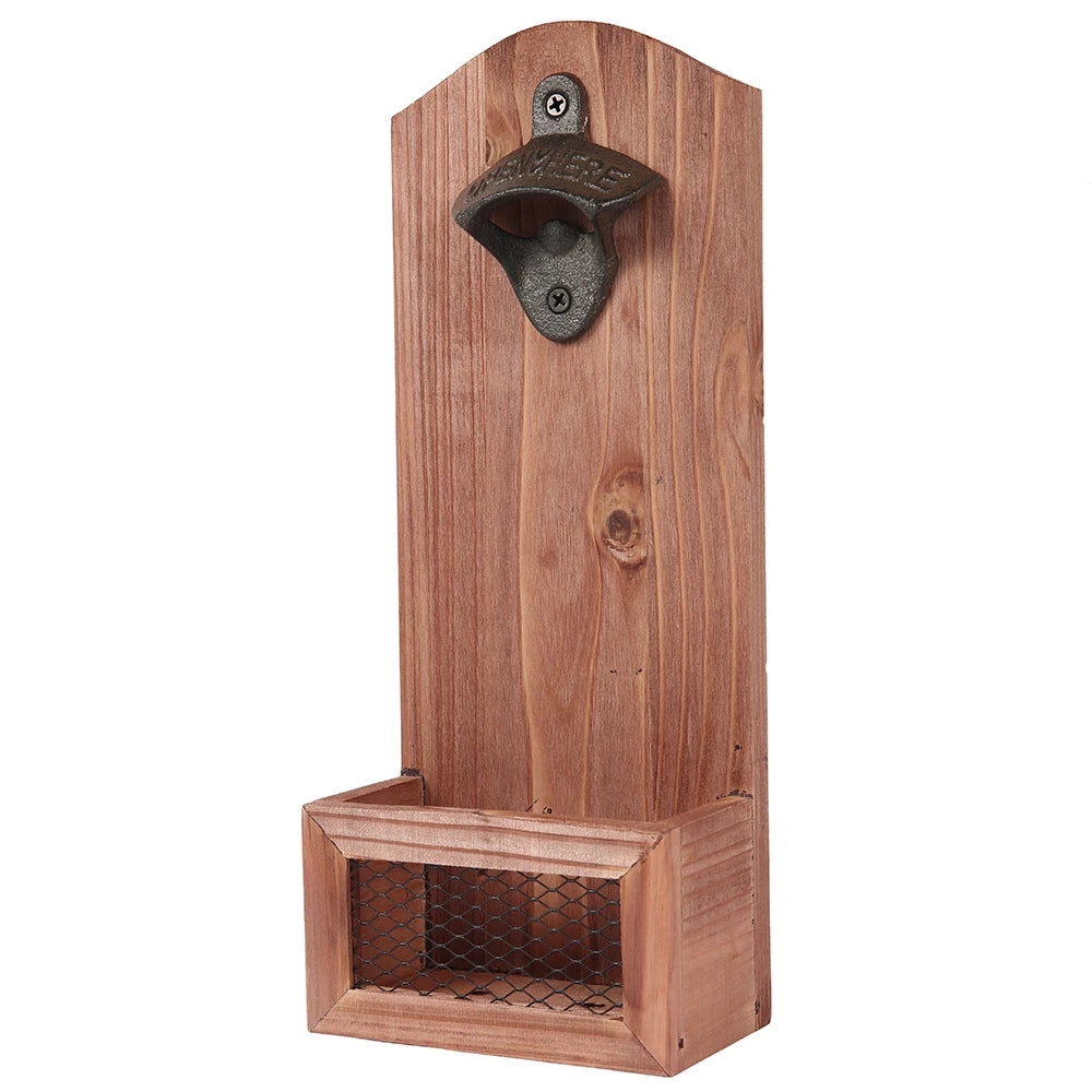 🪵🍺 Wooden Wall Bottle Opener with Cap Collection - Vintage Rustic Style
