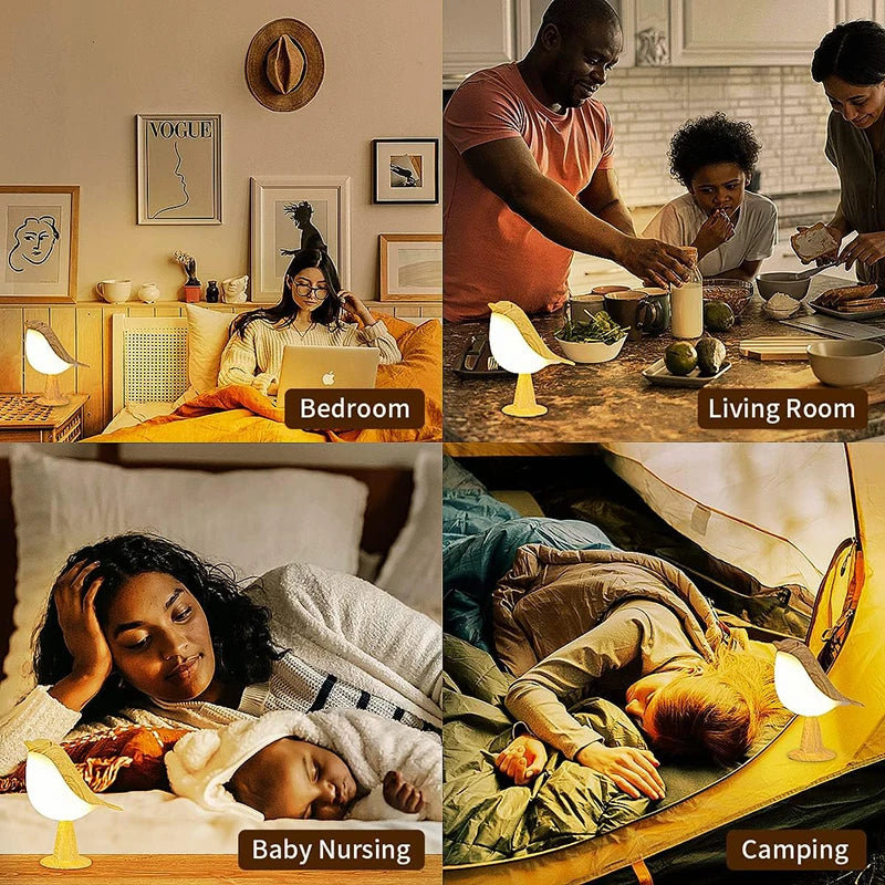 🐦✨ Wooden Bird LED Night Lamp – Touch & Rechargeable