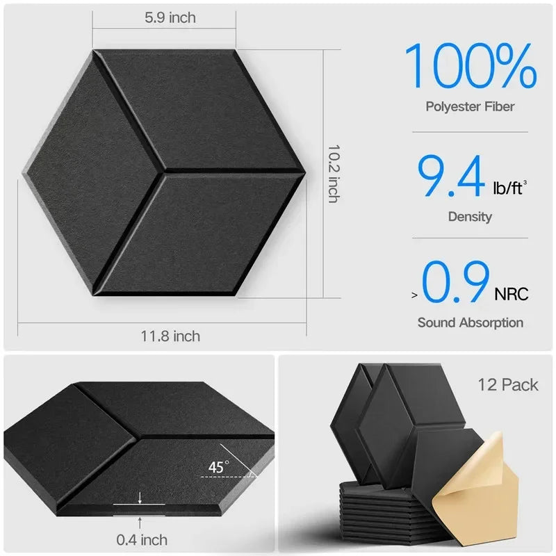 🎧 12-Pack Hexagonal Acoustic Panels – Premium Soundproof Foam Tiles