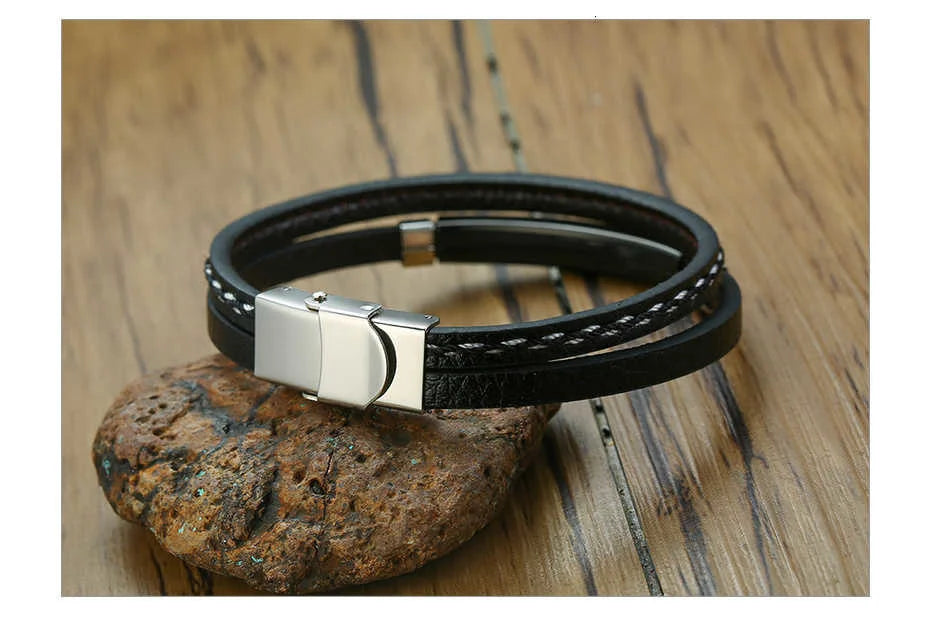 🔥 Leather & Steel Men’s Bracelet – Bold Minimalist Style 💥