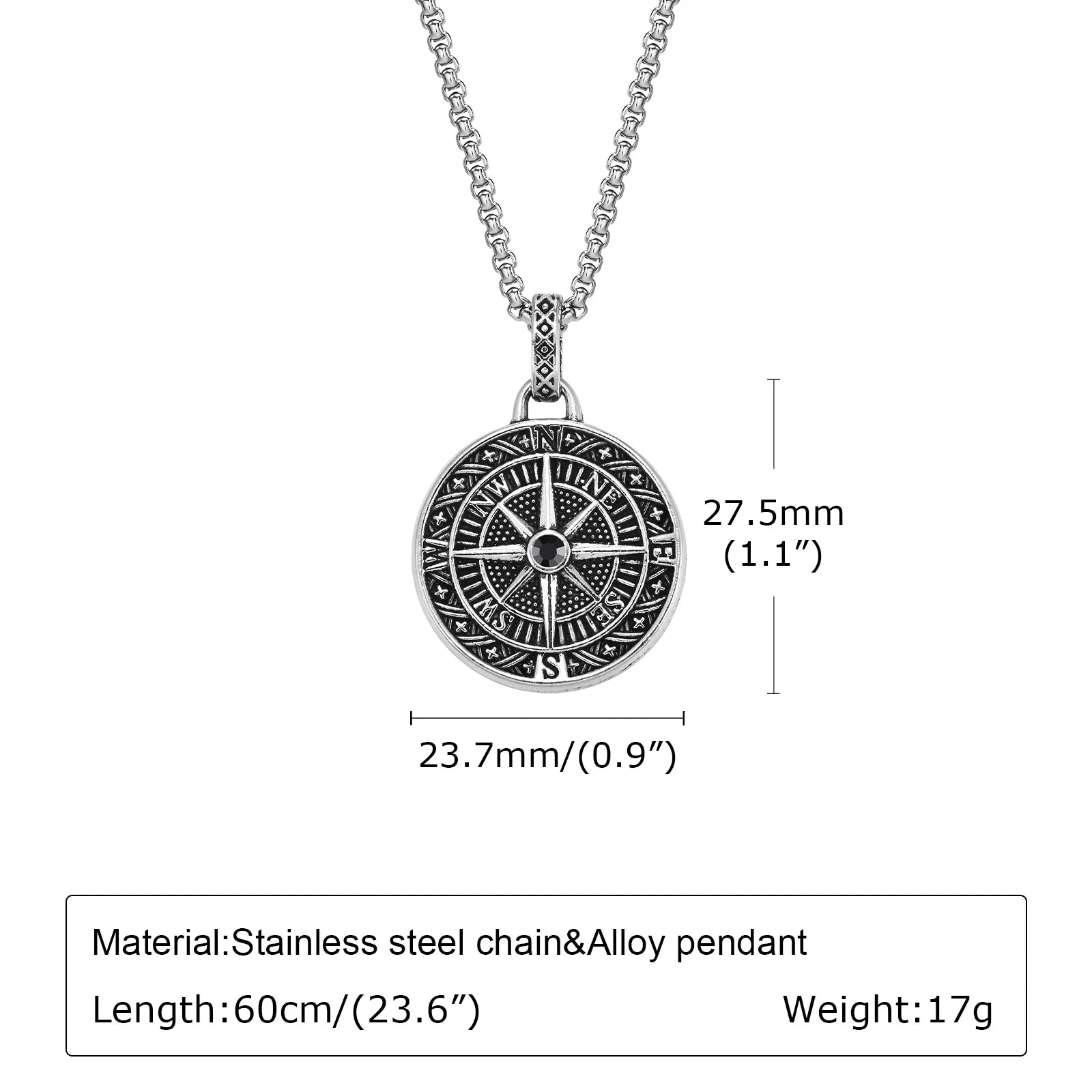 🌍✨ Compass Rose Pendant Necklace – Silver Men’s Amulet 🔗