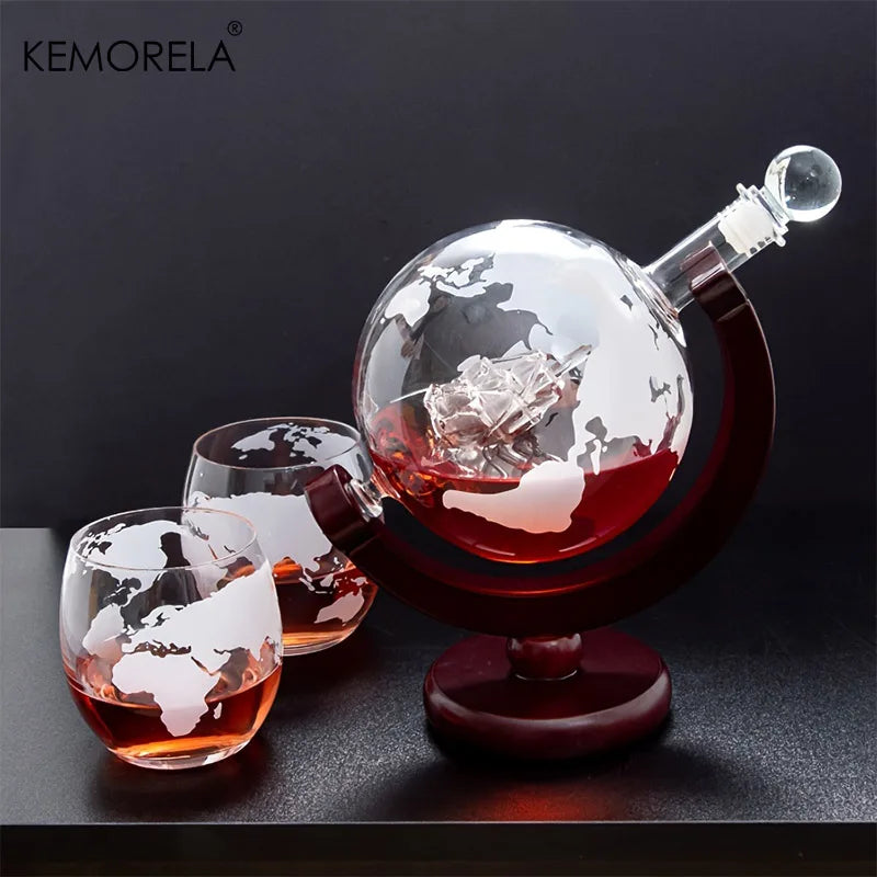 🌍 900ml Globe Decanter with Glass Vessel - Elegant Whisky Set with Wooden Support 🍷🚢