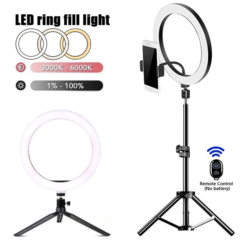 📸 LED Selfie Ring Light with Adjustable Tripod & Bluetooth Remote – Multi-Tone Lighting for Flawless Videos ✨