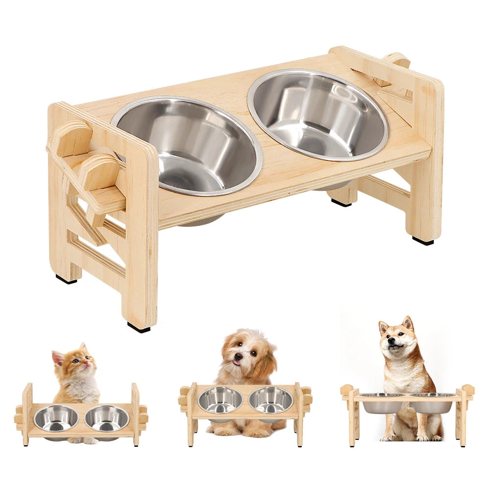 🐾 Elevated Double Pet Bowl Set – Wooden Stand + Stainless Steel Bowls