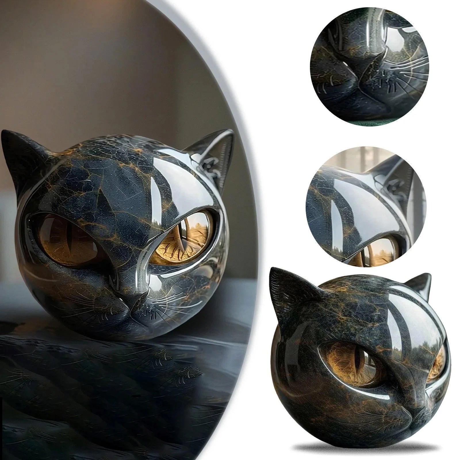 🌑 Black Stone Cat Figurine – Minimalist Resin Decor 🐾✨