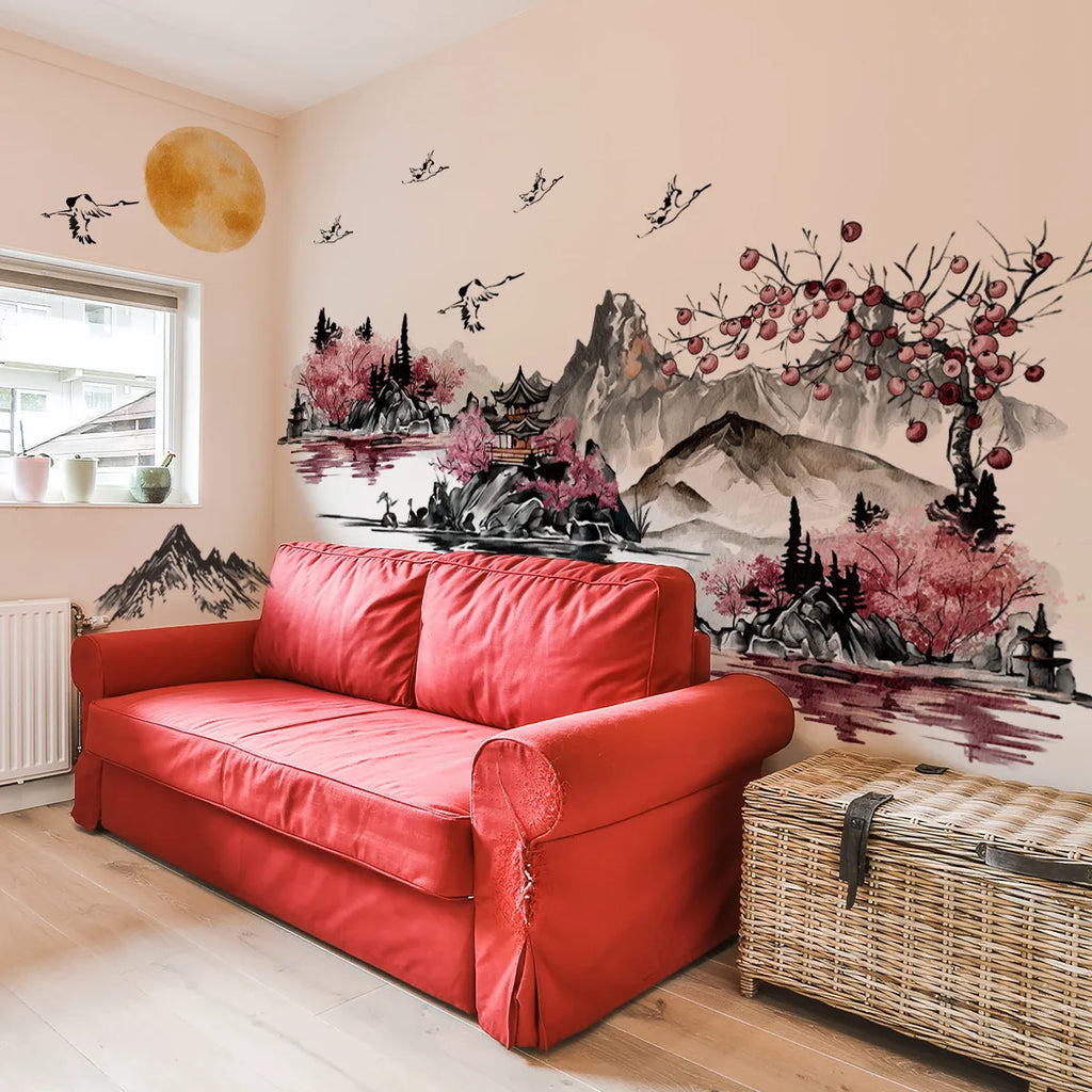🌄 Chinese Ink Landscape Wall Stickers – 3-Piece Set