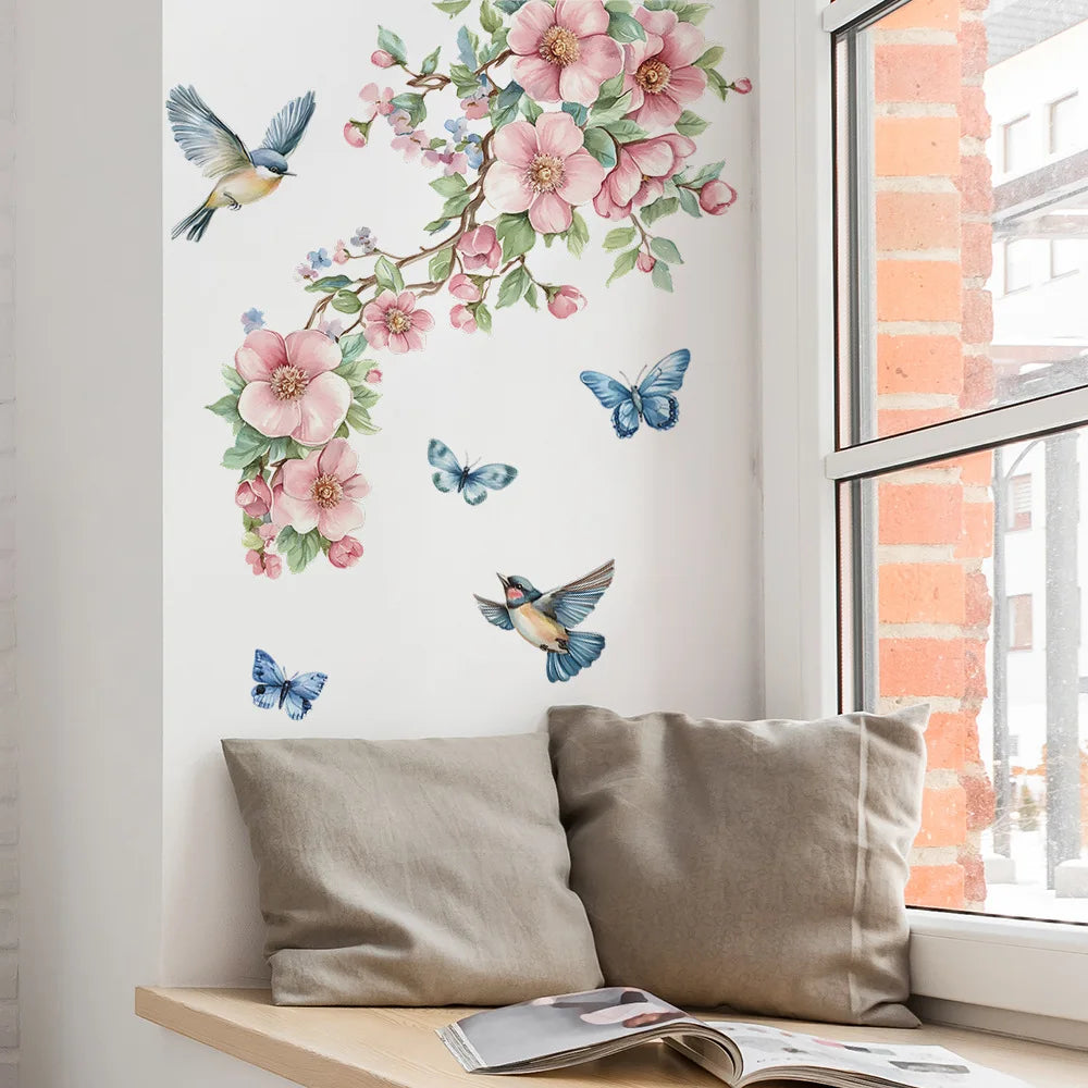 🌿🐦 Watercolor Peach Blossom Wall Sticker – Birds & Branches 30×90cm
