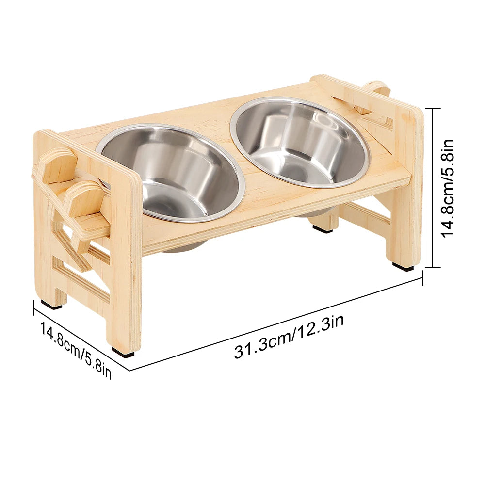 🐾 Elevated Double Pet Bowl Set – Wooden Stand + Stainless Steel Bowls