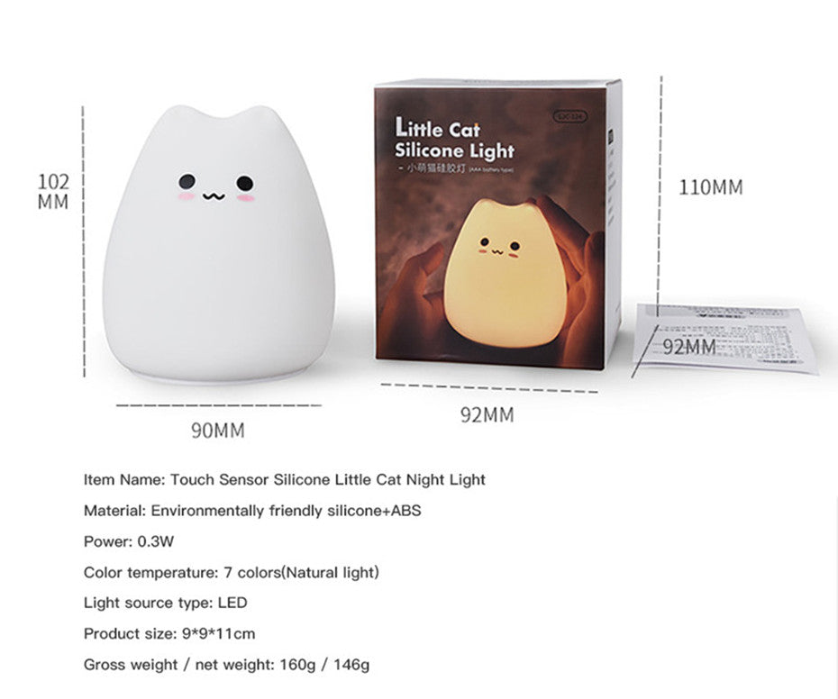 Cute Cat Baby Night Light 🐱✨ – 7 Colours, Touch, Soft Silicone • USB Rechargeable
