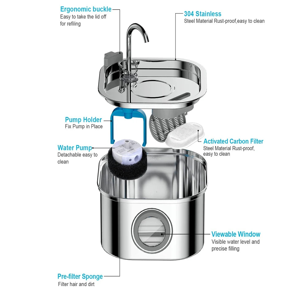 🐾 DIAUTOMATIC WATER SPENSER FOR CATS AND DOGS – 2.2L (STAINLESS STEEL, FILTER & SENSORS)
