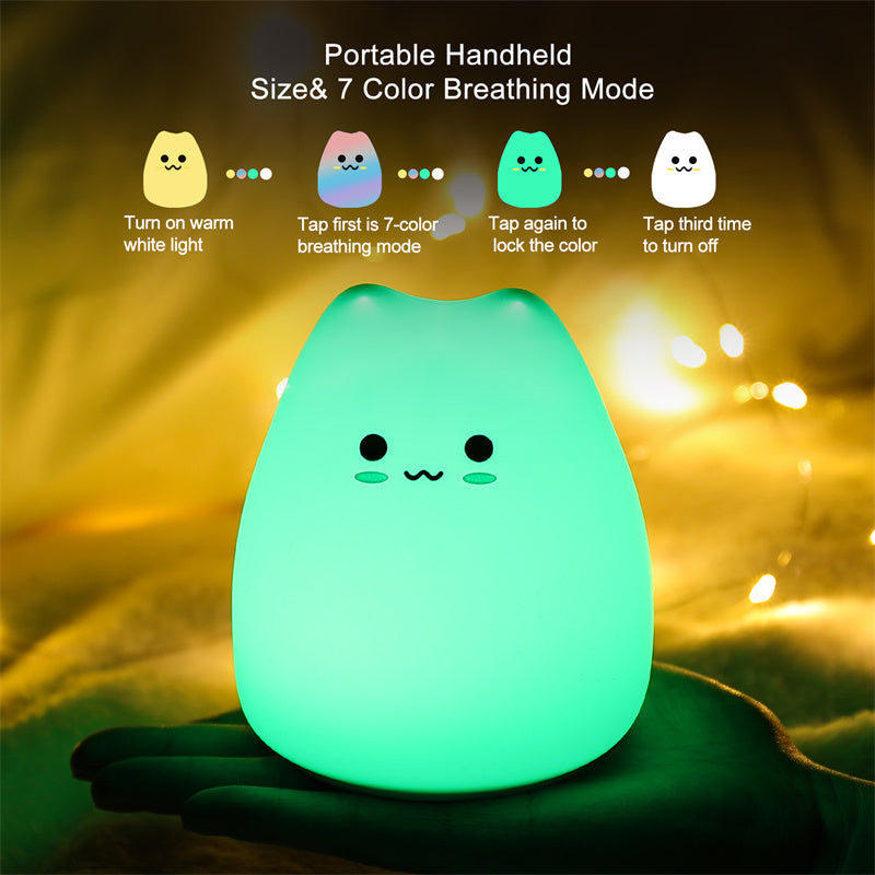 Cute Cat Baby Night Light 🐱✨ – 7 Colours, Touch, Soft Silicone • USB Rechargeable