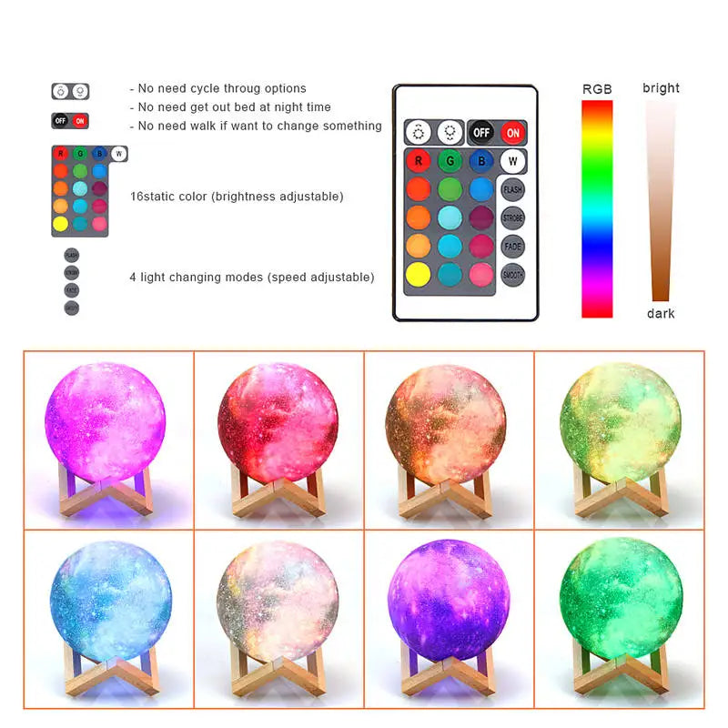 RGB Nebula 3D Lunar Lamp – 16 Colours, Touch & Remote Control | Night Light Decor