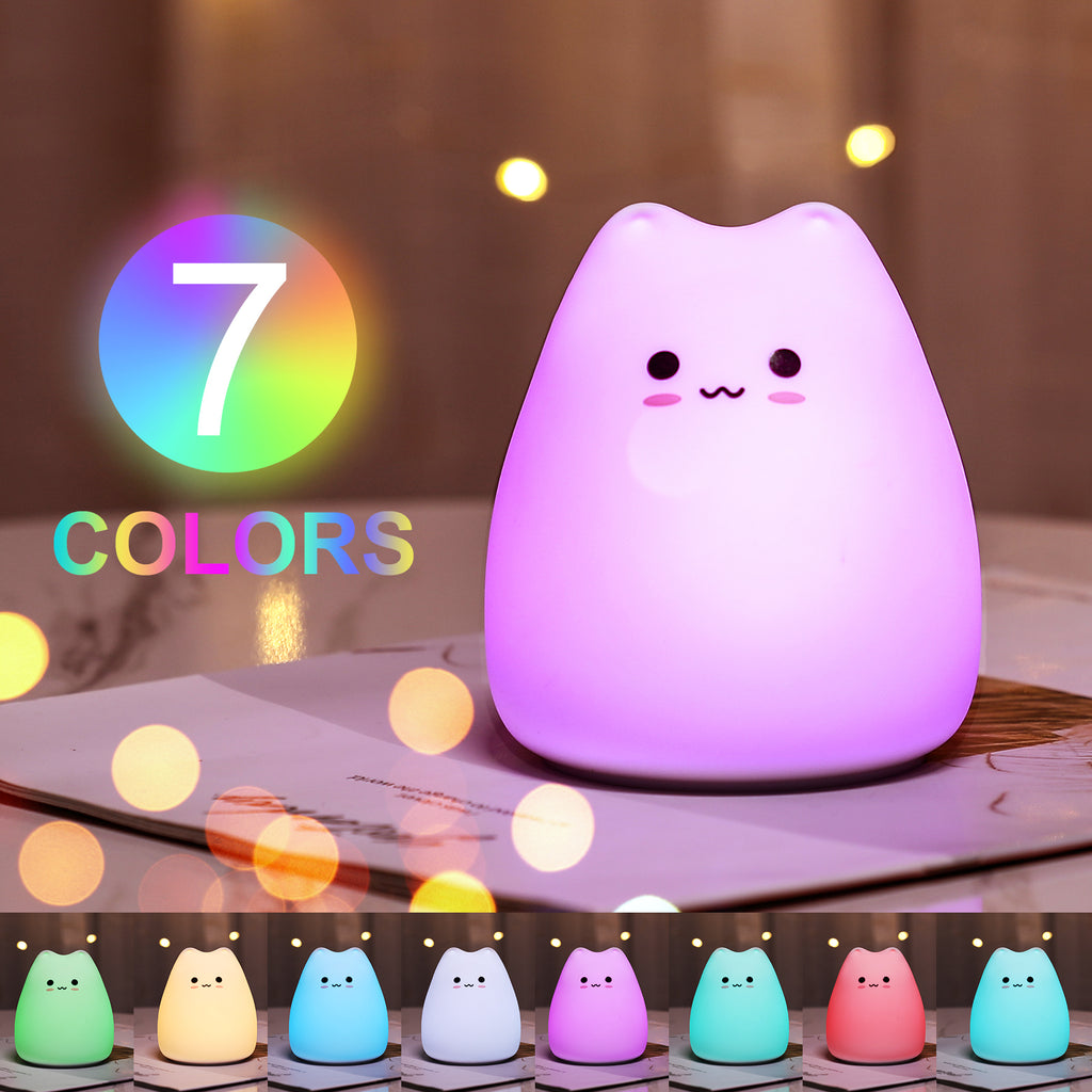 Cute Cat Baby Night Light 🐱✨ – 7 Colours, Touch, Soft Silicone • USB Rechargeable