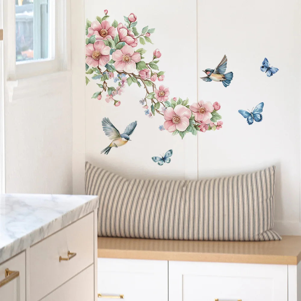 🌿🐦 Watercolor Peach Blossom Wall Sticker – Birds & Branches 30×90cm