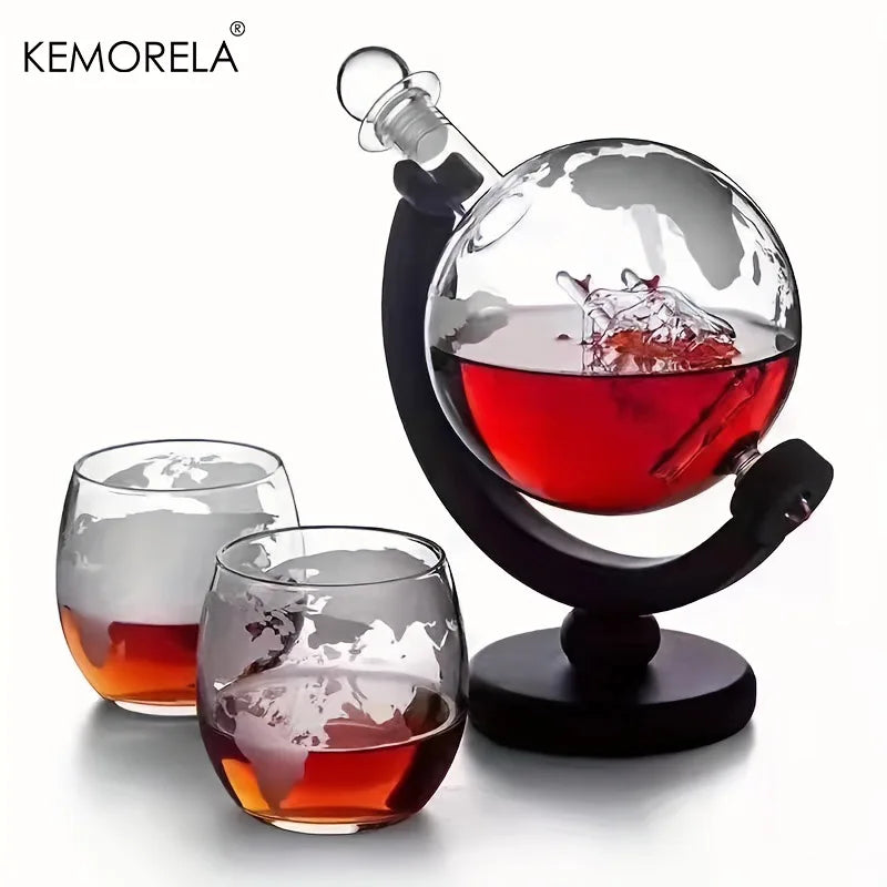 🌍 900ml Globe Decanter with Glass Vessel - Elegant Whisky Set with Wooden Support 🍷🚢