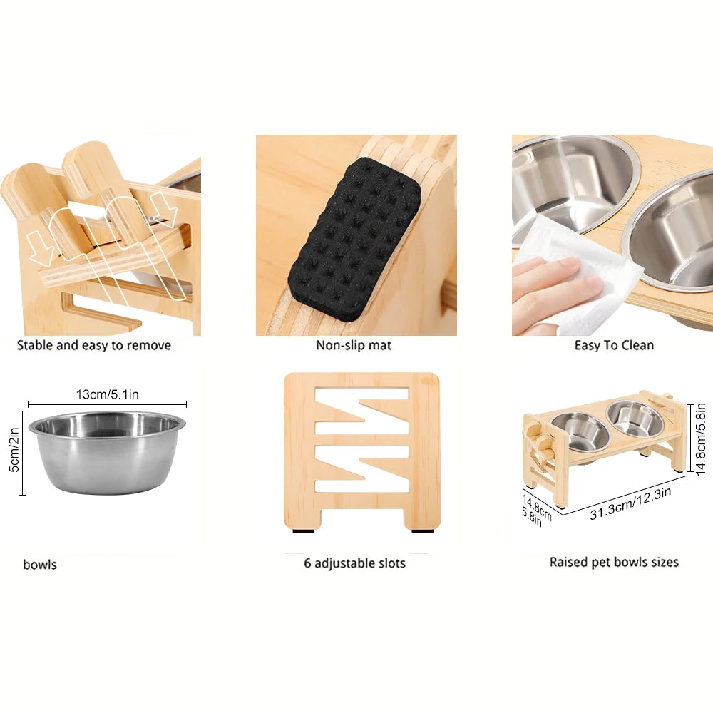 🐾 Elevated Double Pet Bowl Set – Wooden Stand + Stainless Steel Bowls