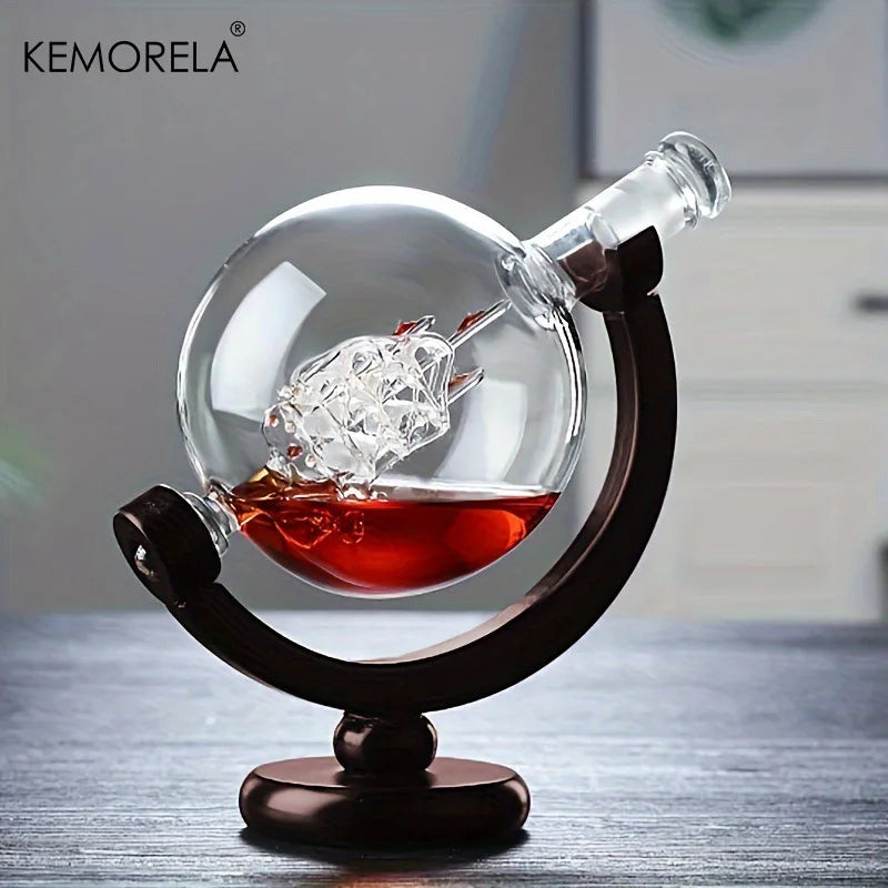 🌍 900ml Globe Decanter with Glass Vessel - Elegant Whisky Set with Wooden Support 🍷🚢