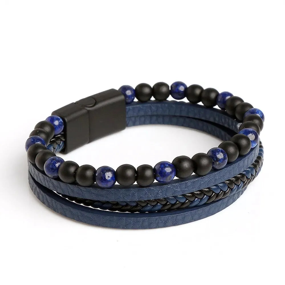 🔥 Men’s Natural Stone Leather Bracelet – Lapis Lazuli • Lava Stone • Tiger Eye 🐺