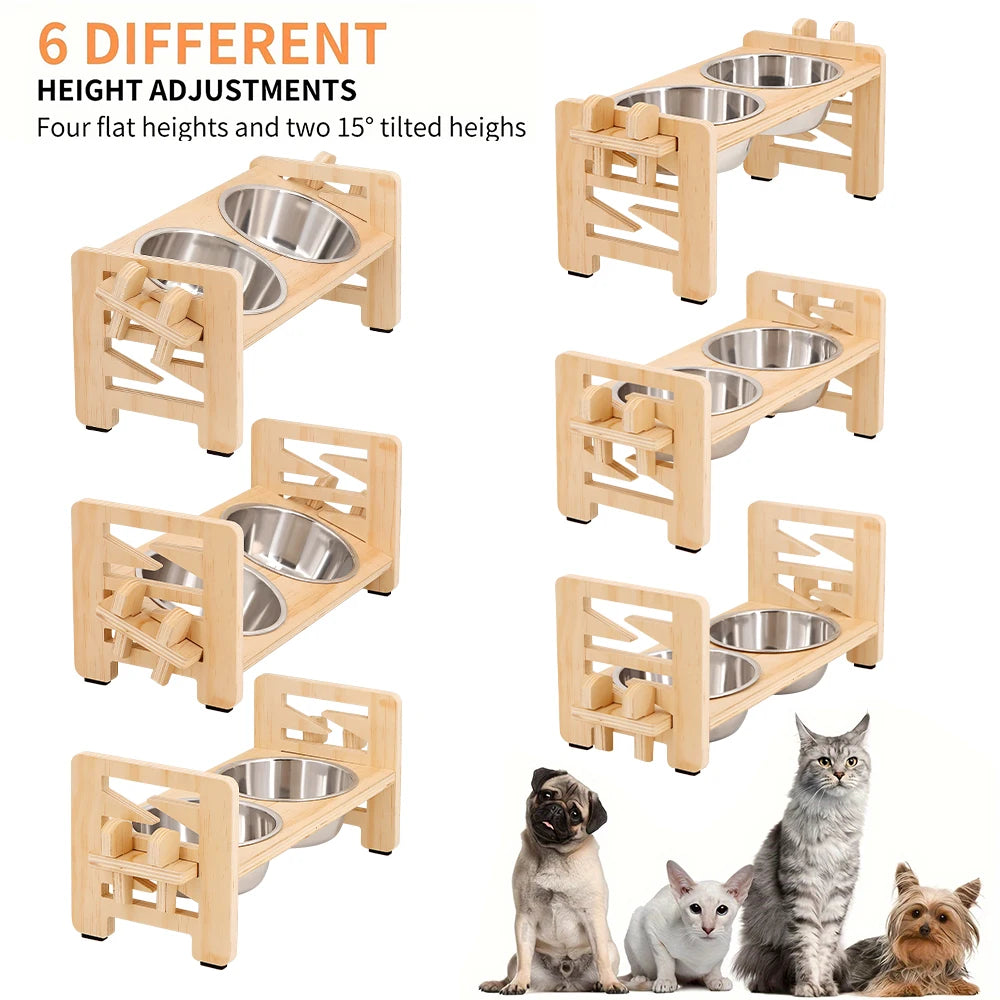 🐾 Elevated Double Pet Bowl Set – Wooden Stand + Stainless Steel Bowls