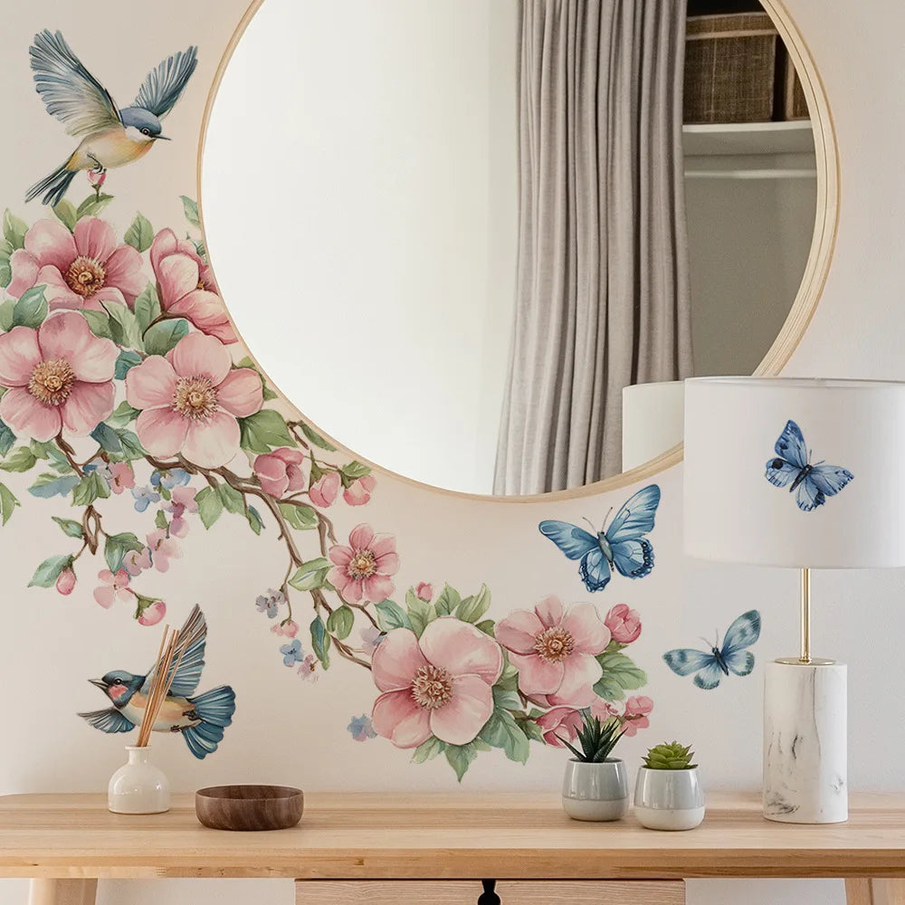 🌿🐦 Watercolor Peach Blossom Wall Sticker – Birds & Branches 30×90cm