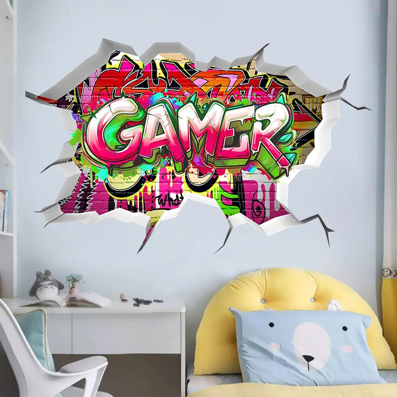 🔥 3D Gamer Wall Stickers – Broken Wall Effect 🎮✨