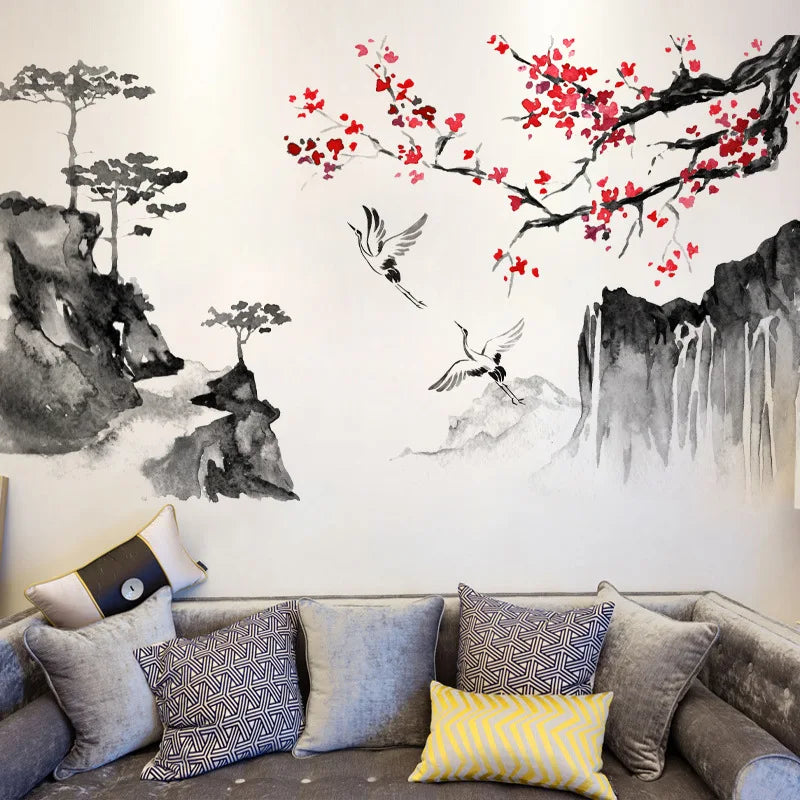 🌄 Chinese Ink Landscape Wall Stickers – 3-Piece Set