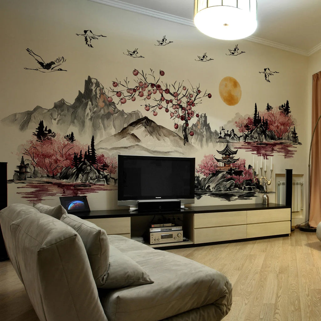 🌄 Chinese Ink Landscape Wall Stickers – 3-Piece Set
