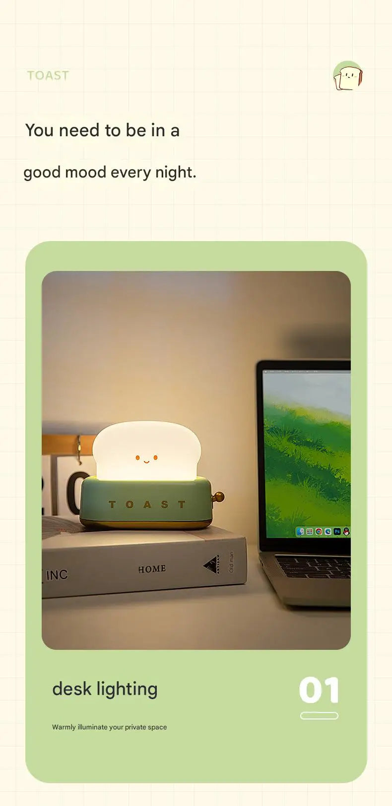 🧡 Toast Maker Night Light –Rechargeable Creative Night Lamp (Pink / Green)