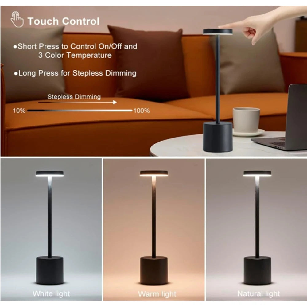 Touch LED Table Lamp - Rechargeable, 3 Colors, Wireless