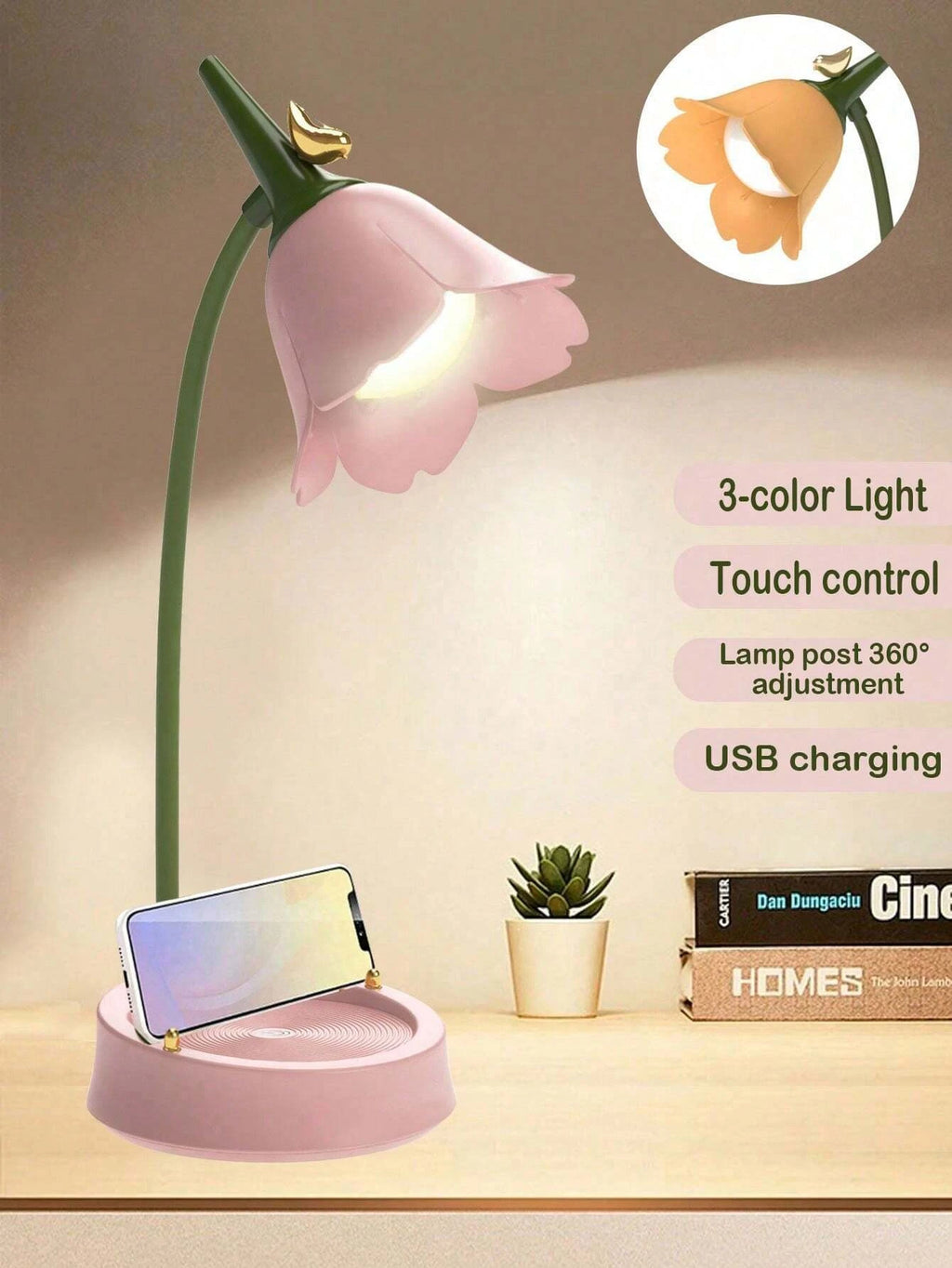 Pink Flower LED Lamp– Touch Dimmable & Rechargeable