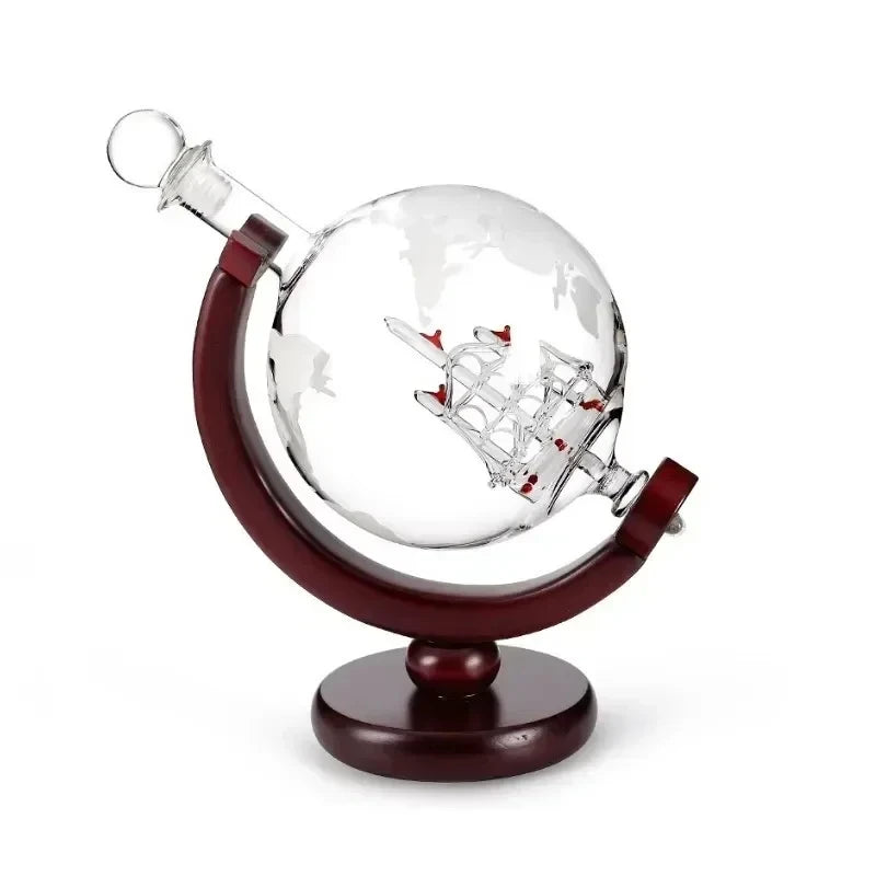 🌍 900ml Globe Decanter with Glass Vessel - Elegant Whisky Set with Wooden Support 🍷🚢