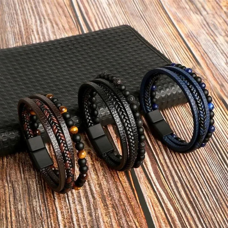 🔥 Men’s Natural Stone Leather Bracelet – Lapis Lazuli • Lava Stone • Tiger Eye 🐺