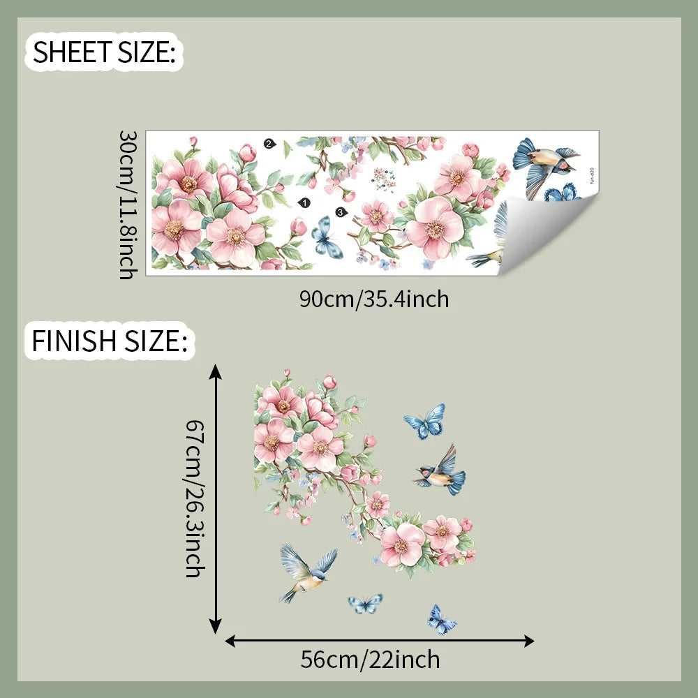 🌿🐦 Watercolor Peach Blossom Wall Sticker – Birds & Branches 30×90cm