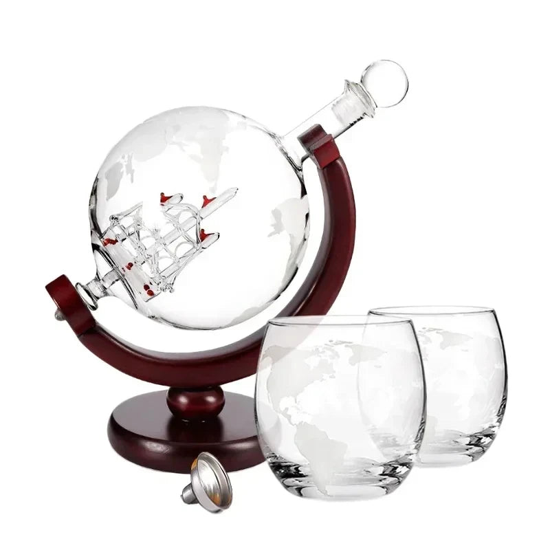 🌍 900ml Globe Decanter with Glass Vessel - Elegant Whisky Set with Wooden Support 🍷🚢