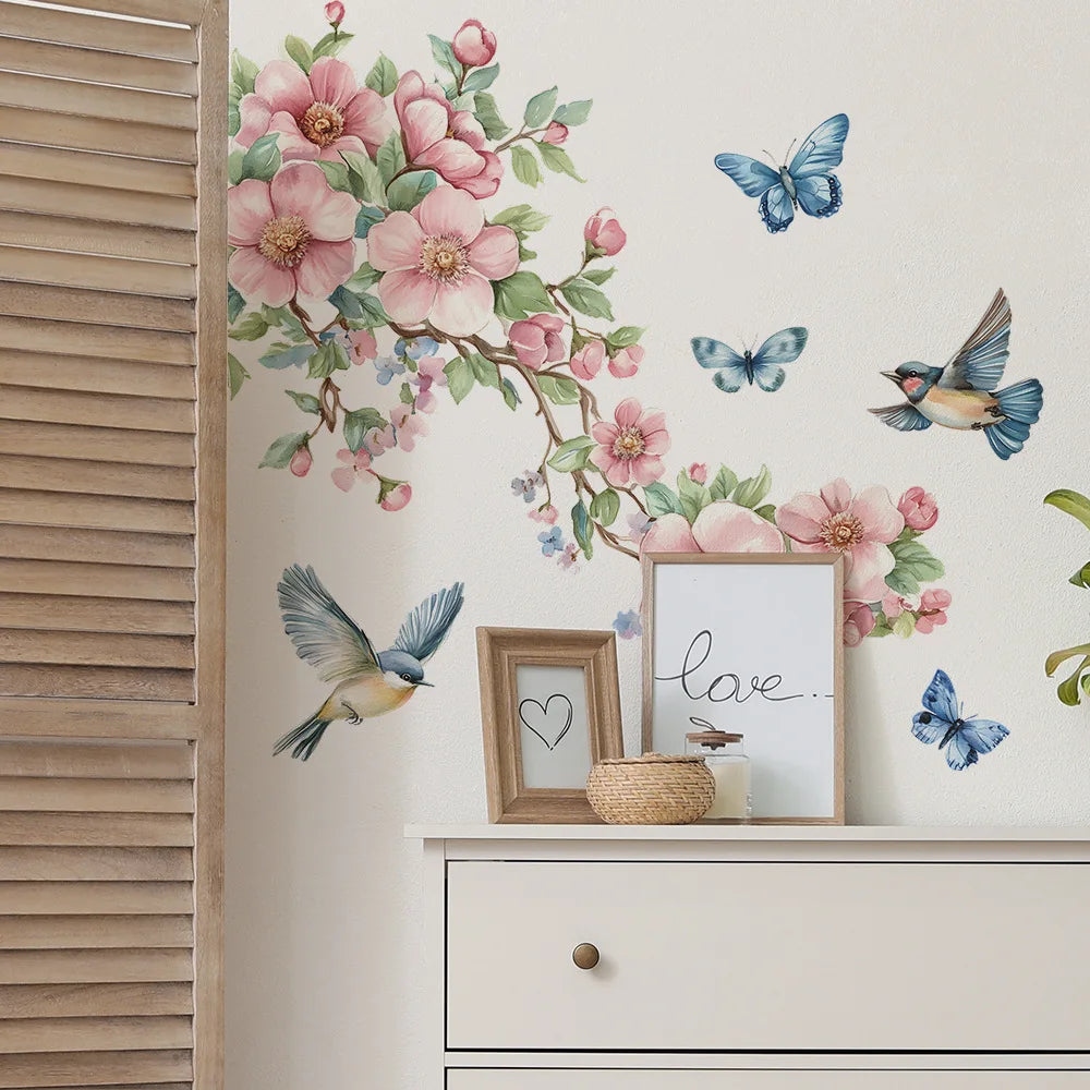 🌿🐦 Watercolor Peach Blossom Wall Sticker – Birds & Branches 30×90cm