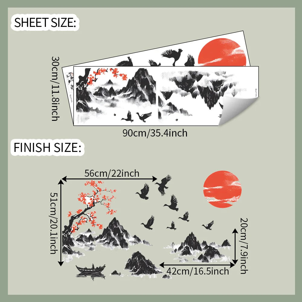 🌄 Chinese Ink Landscape Wall Stickers – 3-Piece Set