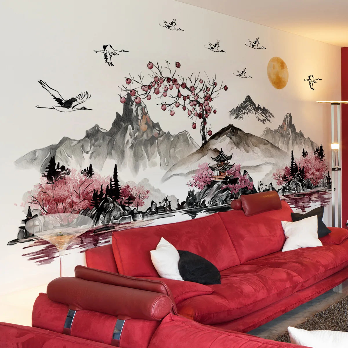 🌄 Chinese Ink Landscape Wall Stickers – 3-Piece Set