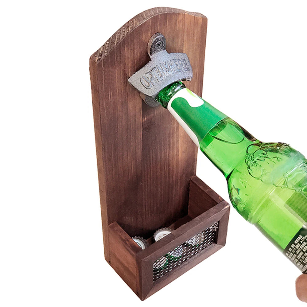 🪵🍺 Wooden Wall Bottle Opener with Cap Collection - Vintage Rustic Style