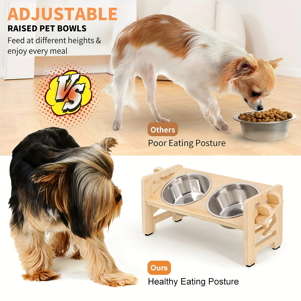 🐾 Elevated Double Pet Bowl Set – Wooden Stand + Stainless Steel Bowls