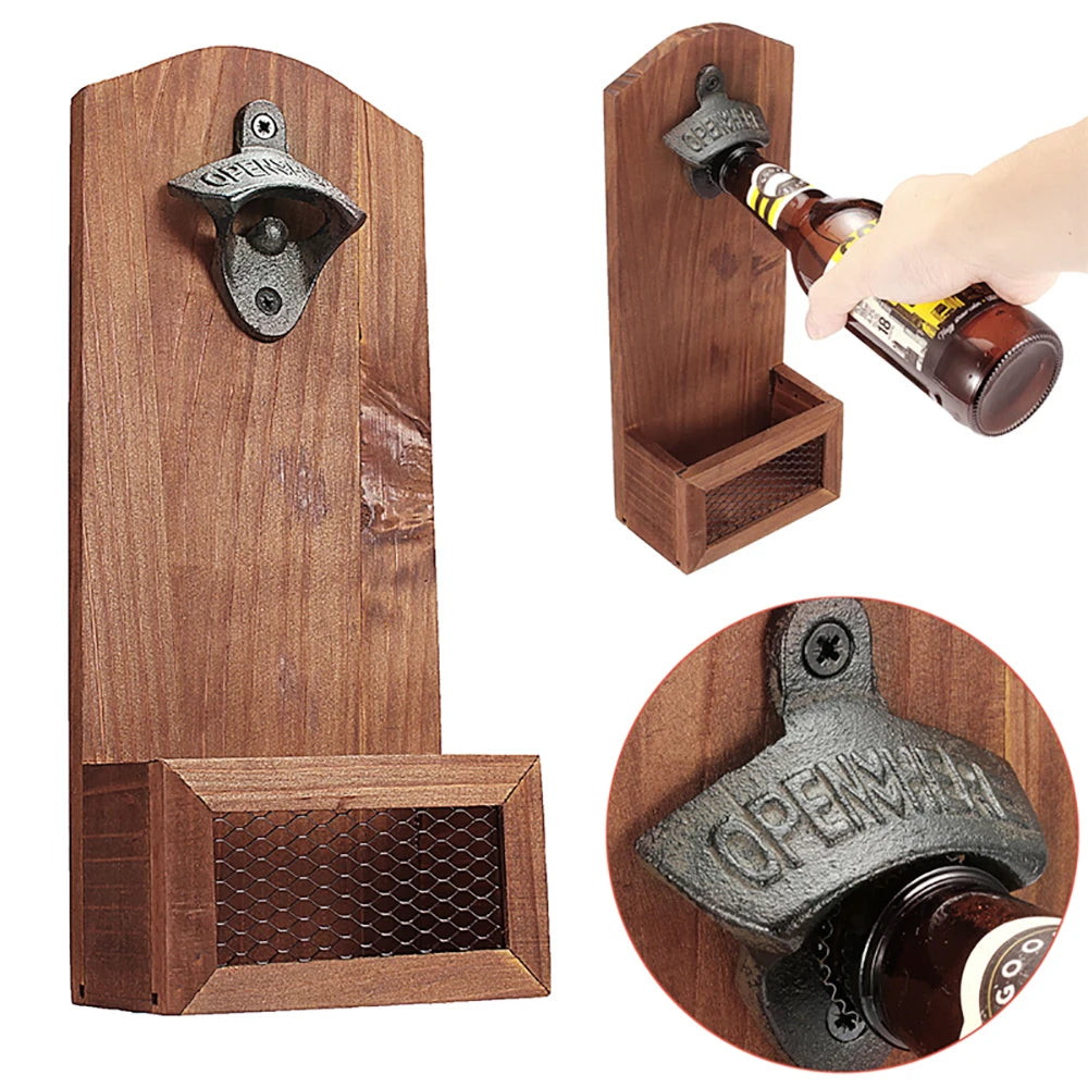 🪵🍺 Wooden Wall Bottle Opener with Cap Collection - Vintage Rustic Style